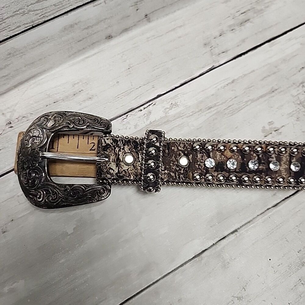 VTG Y2K Leather Buckle Belt NOCONA Animal Print 24 S Western RHINESTONE Studded - Picture 12 of 12